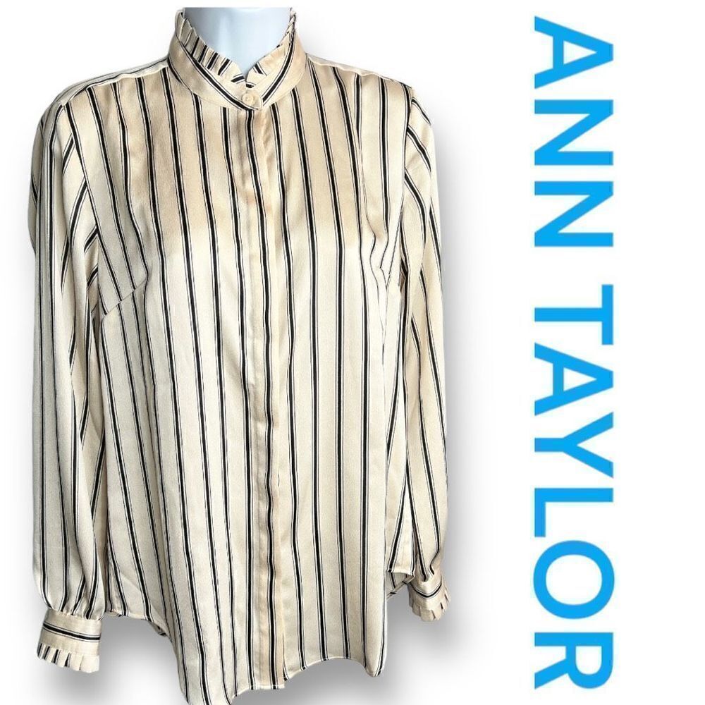 Ann Taylor Shirt Women's XXS White Stripe Long Sleeve Button Down Polyester New